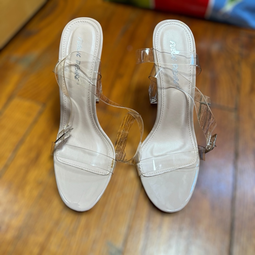 Public Desire Clear Strap Heels Nude Square Toe Sandals Block Heel Size 5